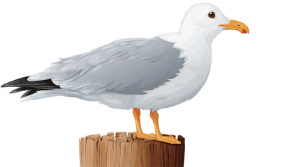 A digital illustration of a seagull standing on a weathered wooden post against a pure white background. The seagull is depicted in detail, showcasing its gray and white plumage, yellow beak and
