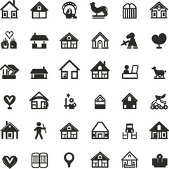 Black and white icon set of houses, farms, barns, love symbols, family, home, care, shelter, buildings, rural elements, child, tree, safety