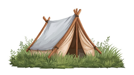 A digital painting or illustration depicts a small teepee-style tent situated in a grassy meadow against a white background. The tent is primarily beige/light brown canvas with wooden poles visible
