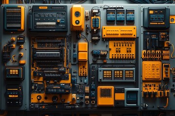 Complex electronic circuit board displaying technological components and circuitry in a detailed design