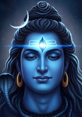 Majestic Digital Illustration of Lord Shiva with Crescent Moon Detail