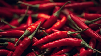 A vibrant pile of red chili peppers, showcasing their glossy texture and sharp pointed tips.