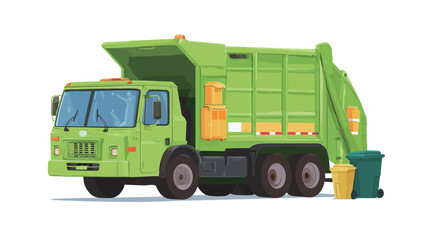 A digital illustration of a light green garbage truck with its loading arm partially extended. The truck is depicted in a cartoonish style with clean lines and vibrant color.