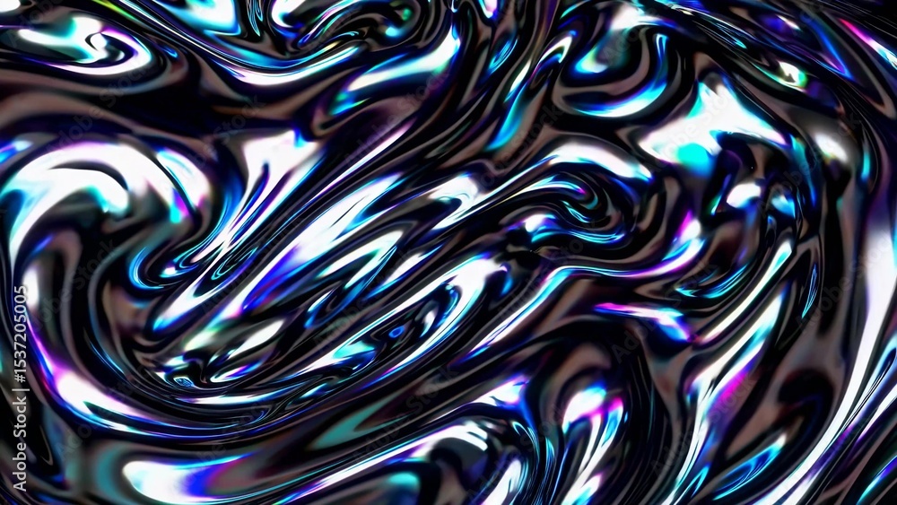 Poster abstract holographic iridescent gradient swirling metallic foil forming a colorful wavy pattern with