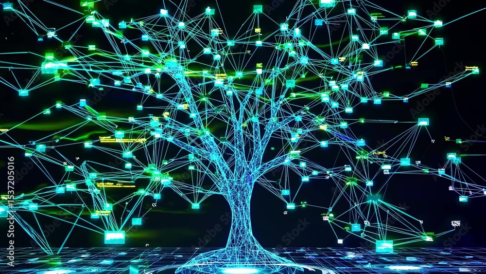 Poster glowing digital tree with data blocks and connections growing on a dark background, symbolizing info