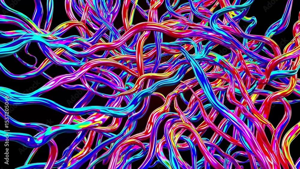 Poster shiny, colorful cables intertwining and creating a complex network on a black background, forming an