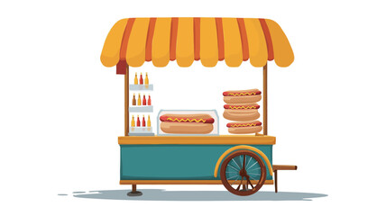 A digital illustration of a hot dog stand. The stand is depicted as a teal-colored cart with a yellow striped awning.  It features hot dogs stacked on display, bottles of condiments (likely mustard