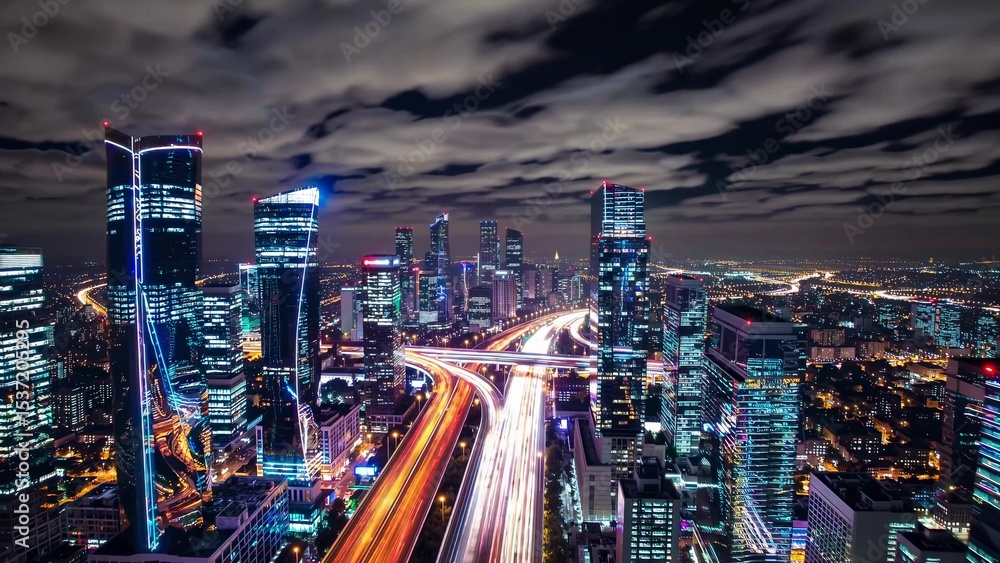 Poster light trails illuminating the busy highway traffic flowing through the heart of a modern city at nig