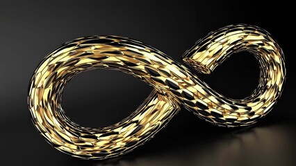 Golden infinity symbol with detailed texture is glowing on a dark background, representing eternity, limitless possibilities, and everlasting concepts