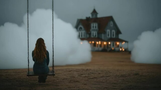 Lonely sitting on a swing recollecting her childhood emotional neglect and absence of parental warmth and presence near the house with white fog