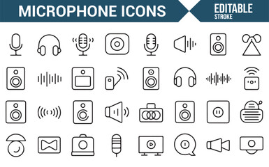 Editable Microphone and Sound Equipment Icons for Music and Podcasting