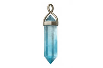 Blue hexagonal crystal pendant featuring silver cap and bail, floating against transparent backdrop for jewelry design and gaming graphics