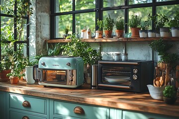 Retro styled kitchen with teal and black appliances and lush green indoor herb garden