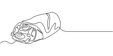 One Continuous Line Drawing of Burrito Icon. Single Line Vector Illustration, burrito or wrap food continuous one line drawing, 