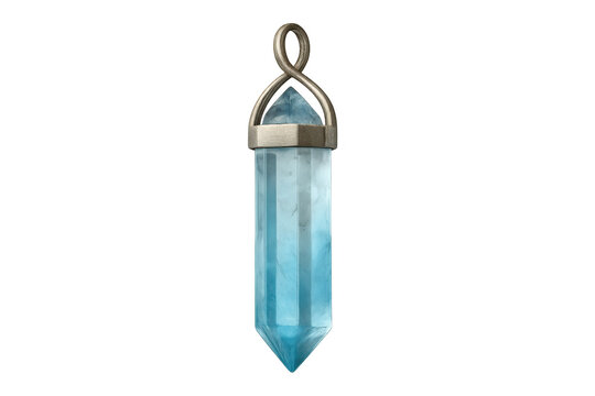 Blue hexagonal crystal pendant featuring silver cap and bail, floating against transparent backdrop for jewelry design and gaming graphics