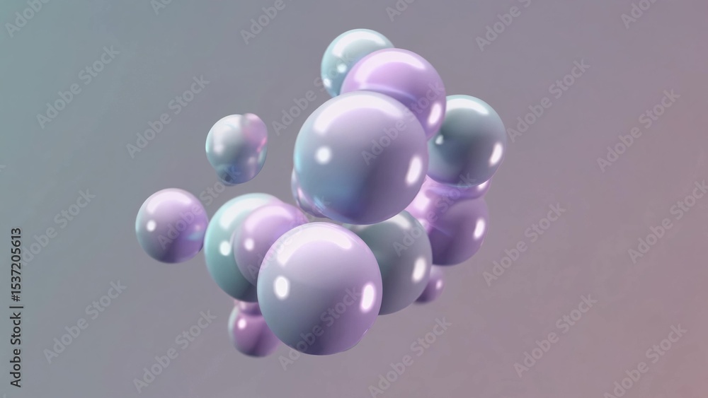 Poster cluster of glossy, iridescent spheres floating gracefully against a soft gradient backdrop, forming 