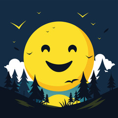 Fototapeta premium Happy Moon Cartoon in Night Forest Sky – Cute Emoji Style Illustration