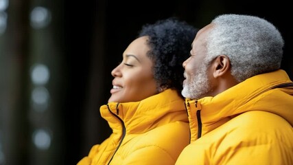 Two senior African American people enjoying a joyful walk in a snowy winter forest, wearing warm yellow jackets and smiling, capturing warmth, love, and togetherness in a cold season.