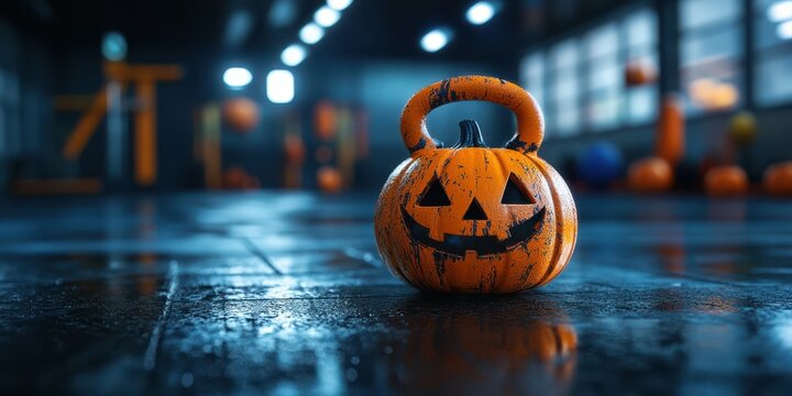 Decorative pumpkin-shaped kettlebell in a dimly lit gym during a Halloween-themed workout session - Powered by Adobe