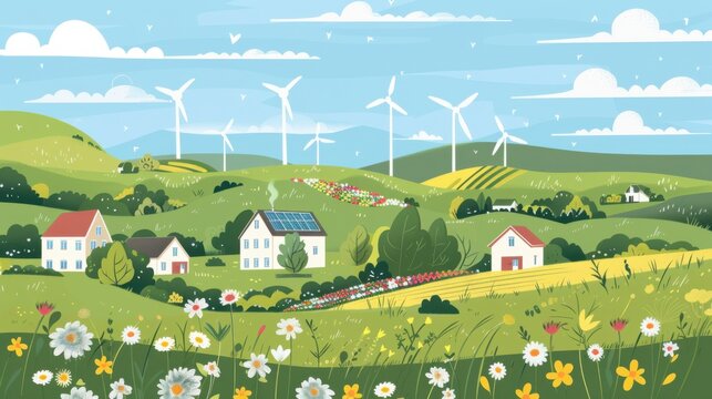 A conceptual illustration of a sustainable eco-village, with passive solar homes, communal gardens