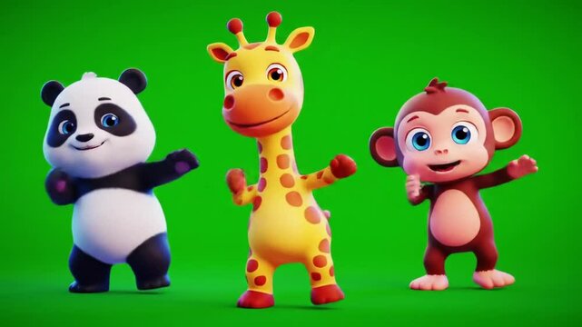 Cute cartoon panda, giraffe and monkey dancing on green screen background