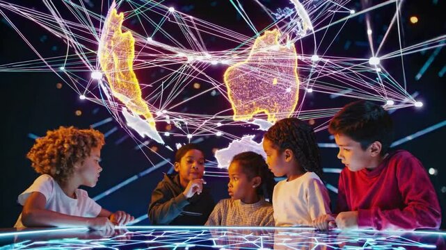 Young Explorers: A group of young children with diverse backgrounds, eyes alight with curiosity, study an illuminated digital display depicting a connected world. - Powered by Adobe
