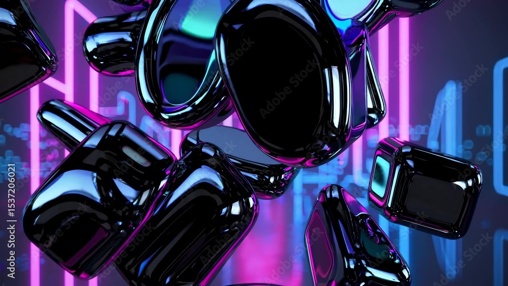 Poster shiny black metallic rounded and square shapes cascading against a vibrant neon background filled wi