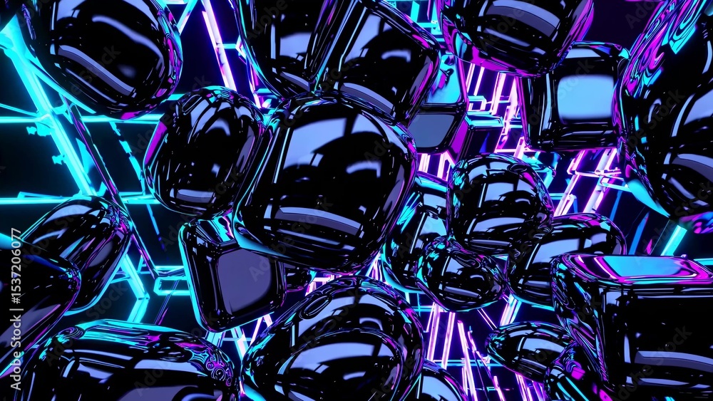 Poster abstract background showing shiny black rounded cubes floating in a neon light structure, creating a