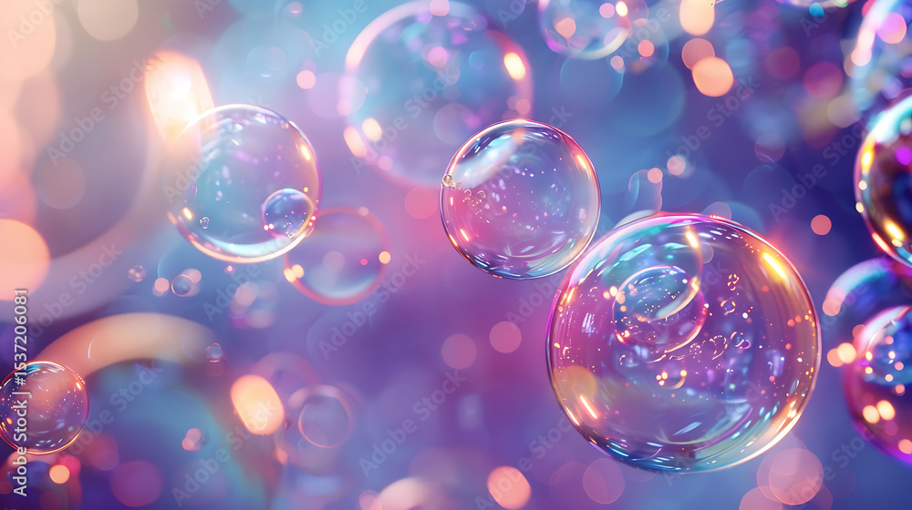 Poster floating iridescent soap bubbles create an abstract and dreamy background with a vibrant and colorfu