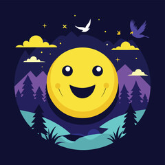 Fototapeta premium Happy Moon Cartoon in Night Forest Sky – Cute Emoji Style Illustration
