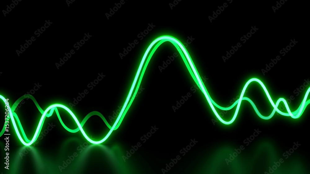 Poster two glowing green neon light trails create a wavy pattern that reflects on a dark background, genera