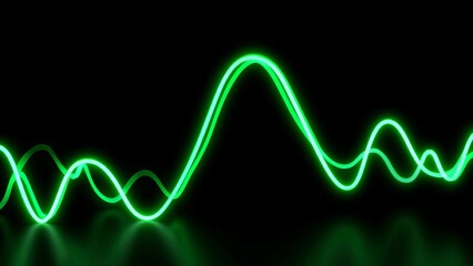 Fototapeta premium Two glowing green neon light trails create a wavy pattern that reflects on a dark background, generating a vibrant and energetic visual with a modern, abstract design
