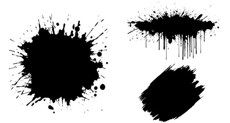 Three Distinct Black Ink Splatters, Drips, and Brush Strokes on White Background