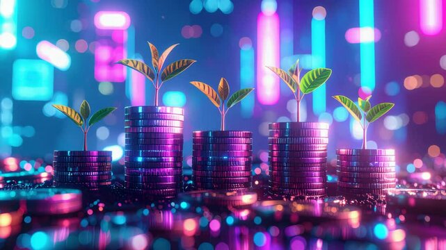 Plants growing on stacks of coins symbolizing investment growth and financial success.