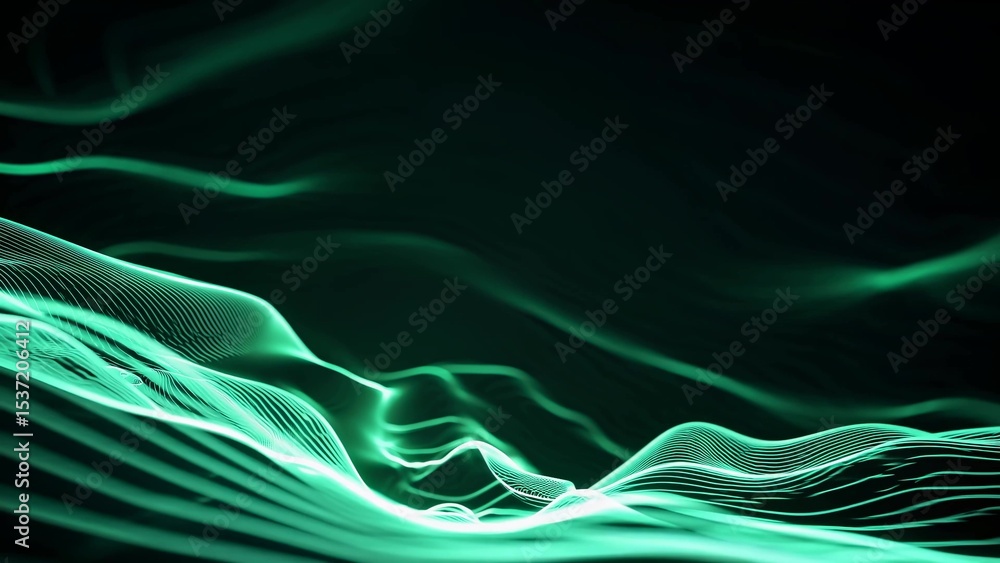 Aufkleber flowing green digital wave particles glowing in cyberspace against a black background, creating a fu