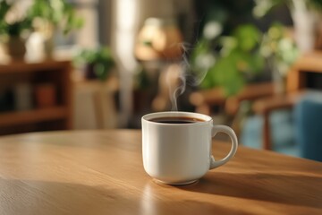 Warm Morning Coffee in White Mug on Wooden Table Cozy Home Atmosphere Sunlight Hot Cup Day Cafe Room