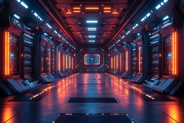 Futuristic interior design of a server room or data center with bright neon lights