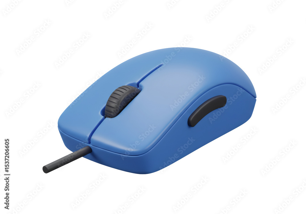 Poster studio shot of a blue corded computer mouse with scroll wheel on isolated background