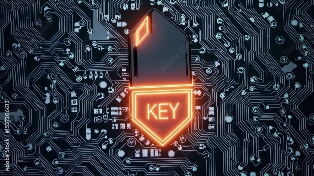 Poster glowing key-shaped padlock emerges from an intricate circuit board, symbolizing cybersecurity, data 