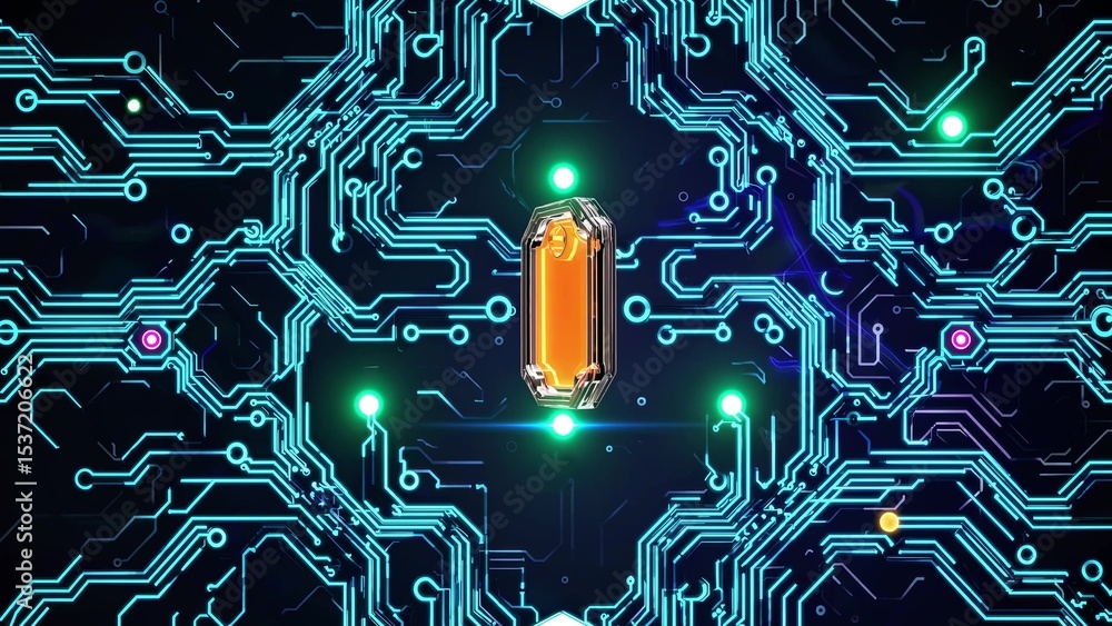 Poster orange cpu processing data over a futuristic printed circuit board with glowing blue and green light