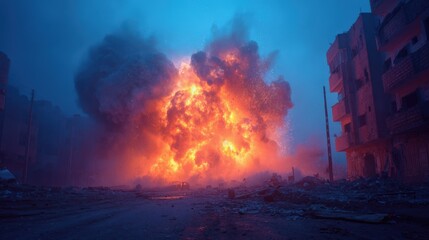Massive Explosion in War Torn City Street at Night Devastation and Fire Engulf Buildings
