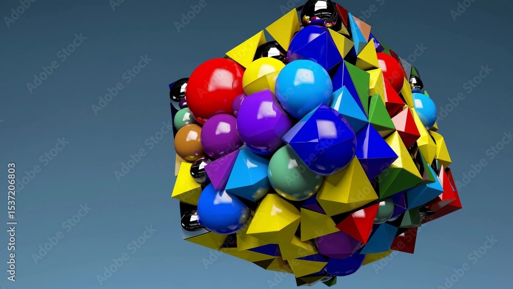 Poster abstract cube structure forming with colorful spheres and pyramids, symbolizing creativity, design, 