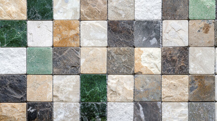 Natural colored mosaic tiles arranged in grid pattern, showcasing various textures and shades, perfect for interior design projects