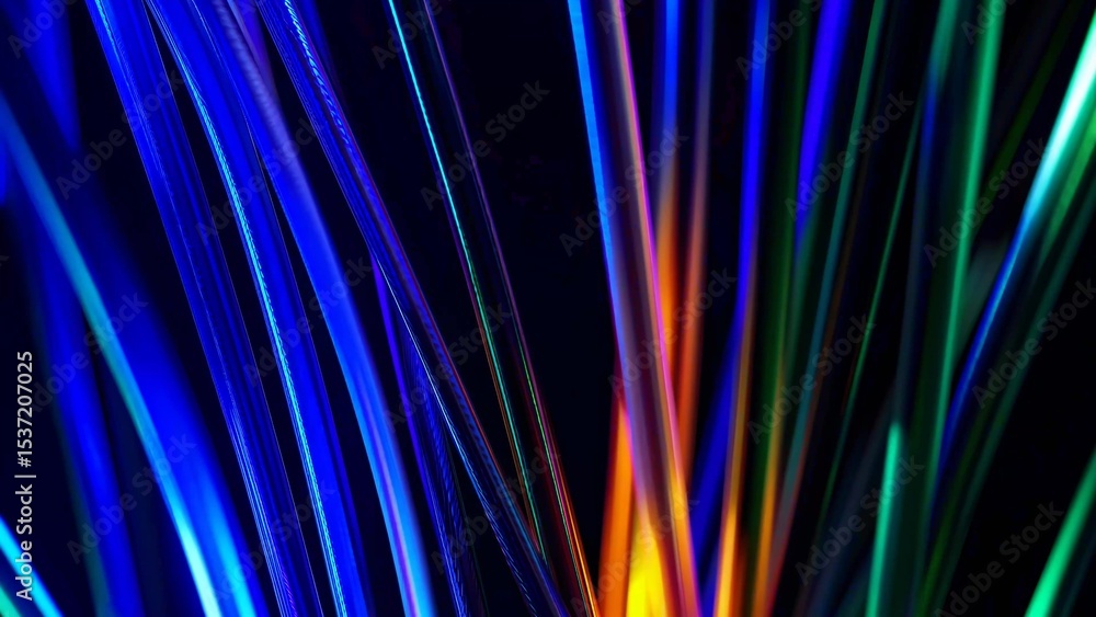 Poster fiber optic cables transmitting data as colorful pulses of light against a dark background, illustra