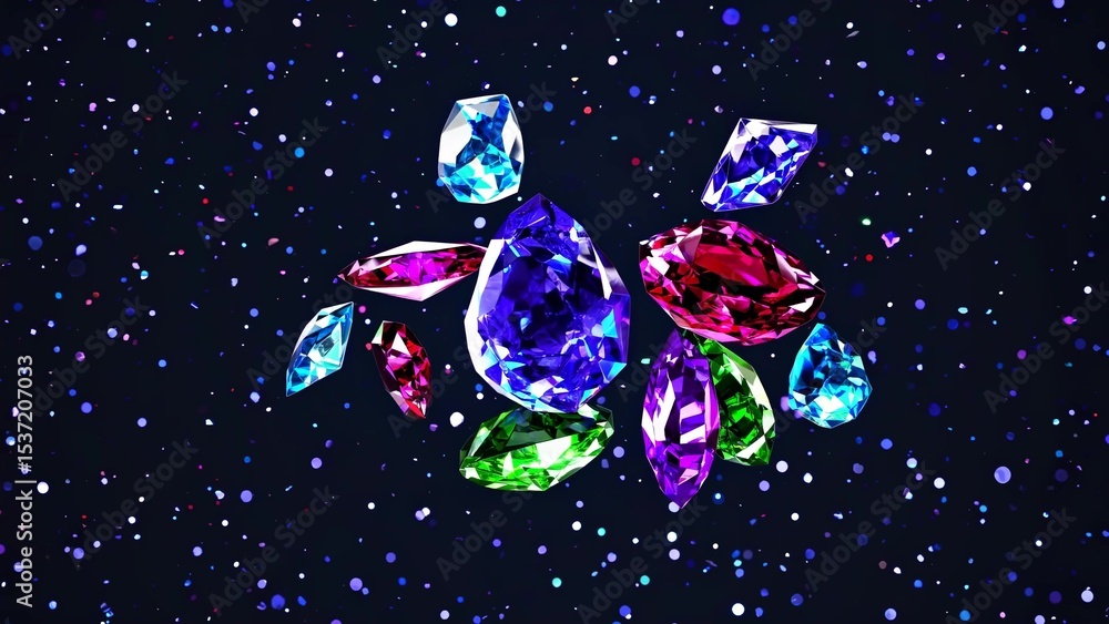 Poster colorful gemstones of various shapes and sizes float against a dark starry background, creating a da