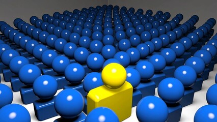Fototapeta premium Vibrant yellow figure standing boldly among a sea of blue figures, representing individuality, leadership, and the courage to embrace differences in a diverse crowd