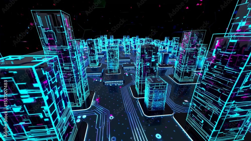 Poster glowing neon skyscrapers rising from a complex circuit board pattern, creating a futuristic cityscap