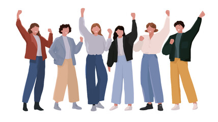 A digital illustration depicting a diverse group of seven young adults, three women and four men, standing together with their arms raised in celebration.  The illustration is rendered in a cartoon