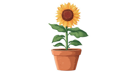 A digital illustration of a single sunflower in a terracotta pot against a white background. The sunflower is depicted in detail, showing its yellow petals, brown center, and green leaves