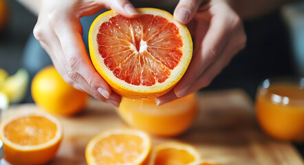 Close-up hands squeezing fruit, Citrus juice prep, Squeeze visual, Food texture detail, Human hands, Fresh drink making